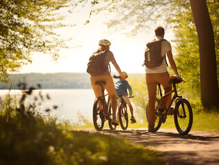 A family on a bicycle trip enjoying nature while avoiding car use.