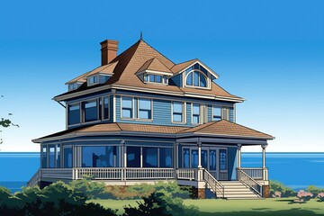 two-story shingle style house under clear blue sky, ocean in the back, magazine style illustration