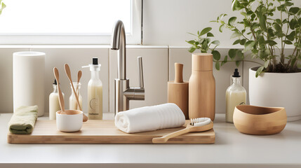 A kitchen scene with eco-friendly products like bamboo utensils and biodegradable dish soap.