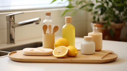 A kitchen scene with eco-friendly products like bamboo utensils and biodegradable dish soap.