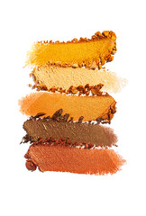 Eye shadow shimmering matte multi colored orange yellow nude brown palette texture background white isolated 