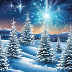  Illustration of winter snowy wonderland with stars, trees, and mountains.. Christmas and New Year greeting card.. Wallpaper, background, banner.