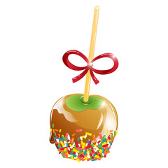 Vector illustration of apple on a stick in toffee caramel and sweet sprinkles in cartoon style