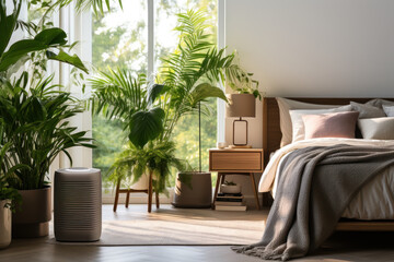 A white modern air purifier and dehumidifier set in a beige-brown wall bedroom, with gray bed linens and sunlight illuminating the tropical palm tree on a wood parquet floor. Generative Ai. - Powered by Adobe