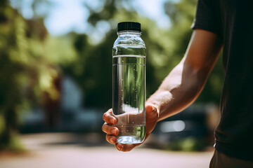A person using a refillable water bottle instead of single-use plastics. - obrazy, fototapety, plakaty