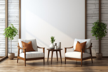 A pair of armchairs against a white wall adorned with a large framed poster in a Scandinavian-style living room. Generative Ai.