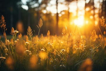 A lush forest clearing at sunset, where wild grass stands tall, casting a captivating macro image...