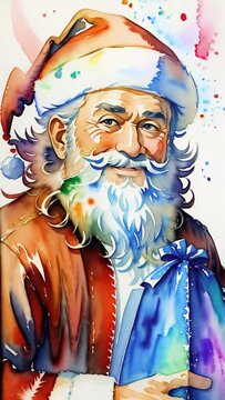 Santa Claus with a gift, joyful holiday mood, watercolor portrait, red and white festive attire