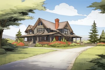 Fototapeta na wymiar view of a shingle style home from the driveway, magazine style illustration