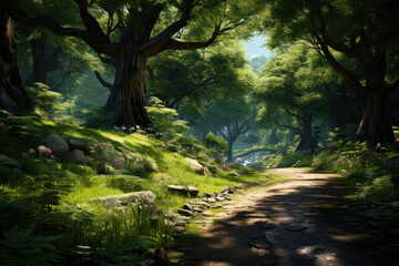 Fototapeta premium An enchanting forest trail, dappled with sunlight and surrounded by lush greenery, inviting a peaceful nature walk. Generative Ai.