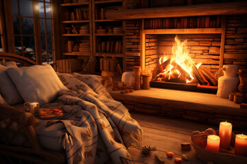 A cozy winter scene with a crackling fireplace, soft blankets, and a good book, perfect for a snug evening indoors. Generative Ai.