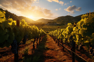 Naklejka premium A sun-kissed vineyard with rows of grapevines, where the art of winemaking comes to life. Generative Ai.