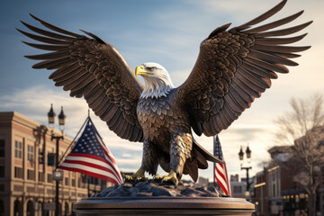 An American eagle statue proudly displayed in a city square, symbolizing freedom and patriotism on...