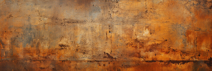 Rusty metal texture background, panoramic banner of old iron sheet with rust. Vintage grungy oxidized steel plate. Theme of industry, grunge, wall, weathered material, history