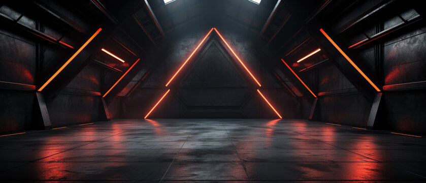 Futuristic stage background, dark modern room with neon lighting. Minimalist design of empty studio, showroom interior. Concept of warehouse, show, industry, hall, garage, hangar
