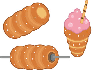 Set of chimney cake. Kurtos kalacs sweet bread typical hungarian cake. Cute vector icon illustration.