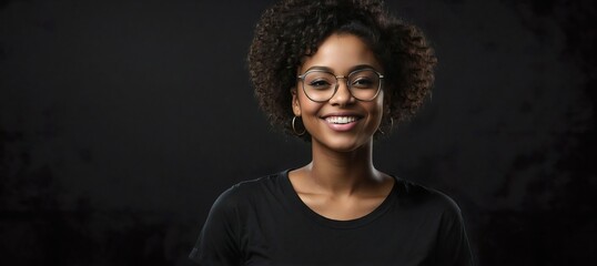 smiling, young, black woman wearing a black shirt in front of a black backdrop. Generative AI.