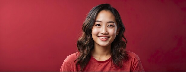 Naklejka premium A young Asian woman wearing a red shirt in front of a red background. Generative AI.