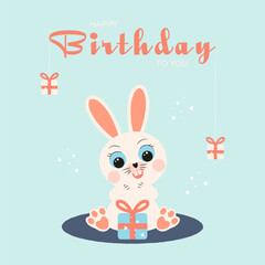 Happy birthday card with cute bunny and gifts. Vector illustration.