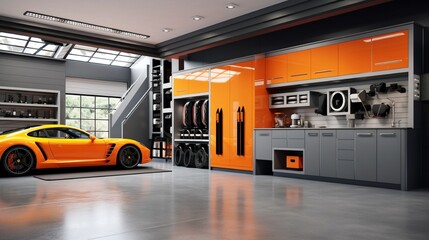 A stylish, modern garage with polished floors, custom storage cabinets, and a high-tech car lift.
