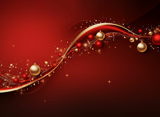 red background with beautiful decoration of red and gold Christmas balls and some decorated lines