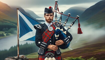 Scottish Piper in Traditional Attire with Highland Backdrop - obrazy, fototapety, plakaty