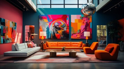 Capture a vibrant and eclectic modern interior, where vivid colors intertwine with unique designs, creating a visually captivating photograph.
