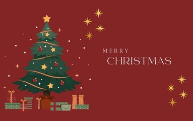 red background with tree and merry christmas written