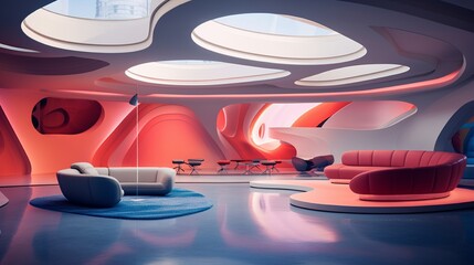 Capture a vibrant photograph of an avant-garde, futuristic interior that showcases bold and...