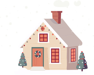 Naklejka premium House Decorated With Wreath, Garlands and Christmas Tree in Winter