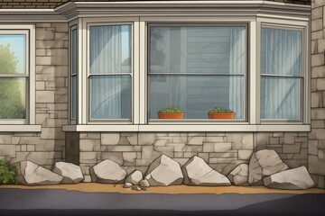 stone foundation of a bay window in a shingle style building, magazine style illustration