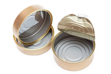 Two Opened Empty Tin Cans Isolated on White Background. Clean Used Aluminum Cans - Isolation. Non-Degradable Inorganic Waste