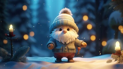 Obraz premium Cute little gnome in a winter forest. Ai generative