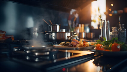 Cooks prepare meals, Modern kitchen, chef preparing food, Kitchen accessories, copy space, blurred background