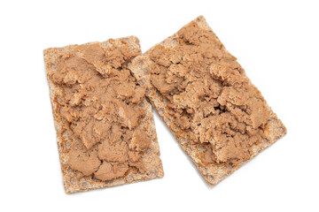 Crispy Sandwich with Chicken Pate Isolated on White Background. Whole Grain Bread with Liver Pate. Diet Breakfast and Healthy Food