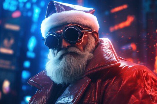 neon Santa Claus in cyber pank style. future