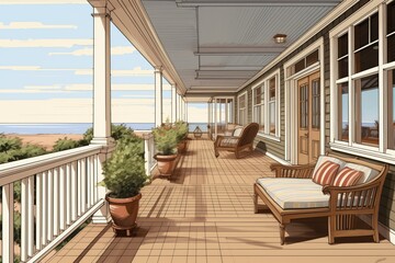 wide, wood-plank veranda of a shingle-style seafront house, magazine style illustration - obrazy, fototapety, plakaty