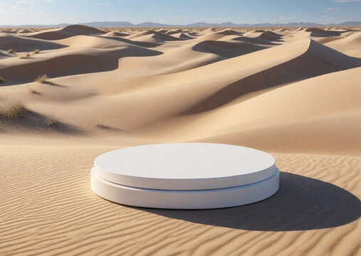 Round white podium for product presentation in a desert landscape