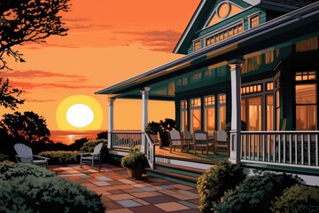 shingle-style house with its veranda lit by sunset, magazine style illustration - obrazy, fototapety, plakaty