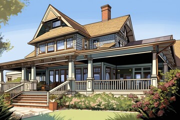 shingle style house with veranda from a low angle, magazine style illustration