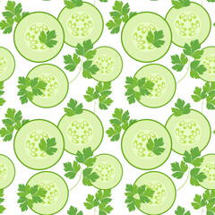Seamless pattern. Flat design. Fresh herbs - cucumber slices with young parsley.