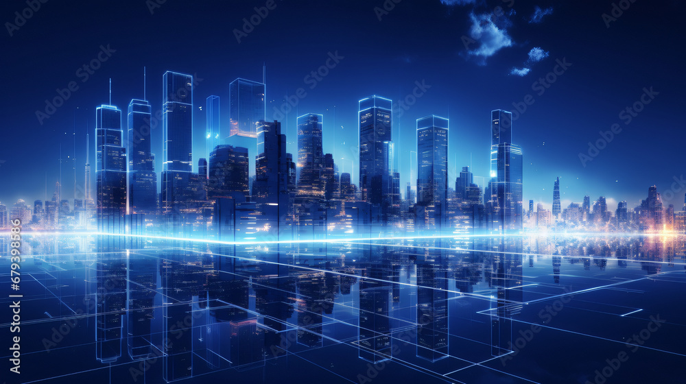 Wall mural futuristic city landscape with buildings, connected together with advanced technology, future concept, city concept, architecture concept