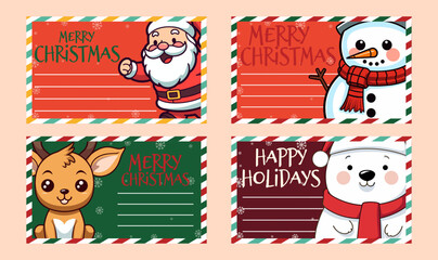 Merry Christmas and Happy New Year: Winter Season Vector Greeting Card Set Collection Featuring Cute Santa Claus, Reindeer, Snowman, and Polar Bear