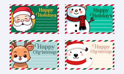 Winter Season Vector Greeting Card Set Collection: Merry Christmas and Happy New Year with Cute Santa Claus, Reindeer, Snowman, and Polar Bear
