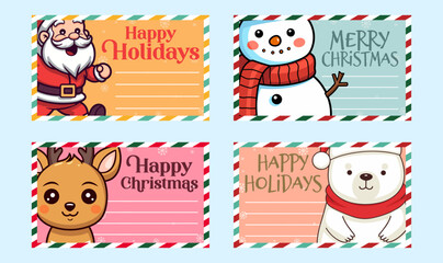 Winter Season Vector Greeting Card Set Collection: A Merry Christmas and Happy New Year with Cute Santa Claus, Reindeer, Snowman, and Polar Bear
