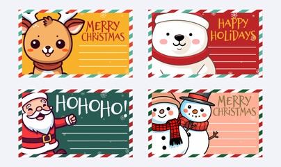 Fototapeta premium Celebrate a Merry Christmas and Happy New Year with our Winter Season Vector Greeting Card Set Collection: Cute Santa Claus, Reindeer, Snowman, and Polar Bear