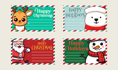 Our Winter Season Vector Greeting Card Set Collection: Cute Santa Claus, Reindeer, Snowman, and Polar Bear for a Merry Christmas and Happy New Year