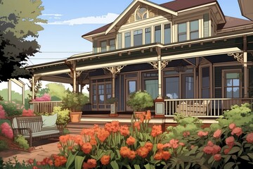 Fototapeta na wymiar shingle-style house with wide veranda and flowering plants, magazine style illustration