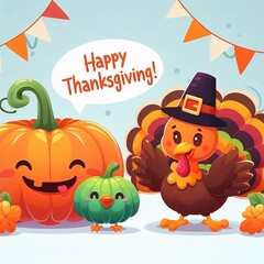 colorful Turkey greeting character and pumpkin illustration for turkey party invite empty space decoration with space for copy created with generative ai