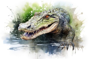 Fototapeta premium watercolor Crocodile, alligator tropical animal drawing by watercolor